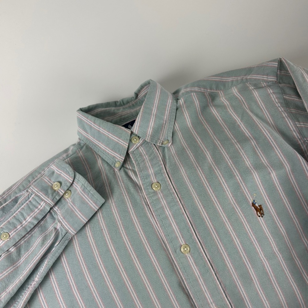 Ralph Lauren Mens M 15.5 34/35 Green Pink Striped Oxford Shirt Classic Fit Flesh